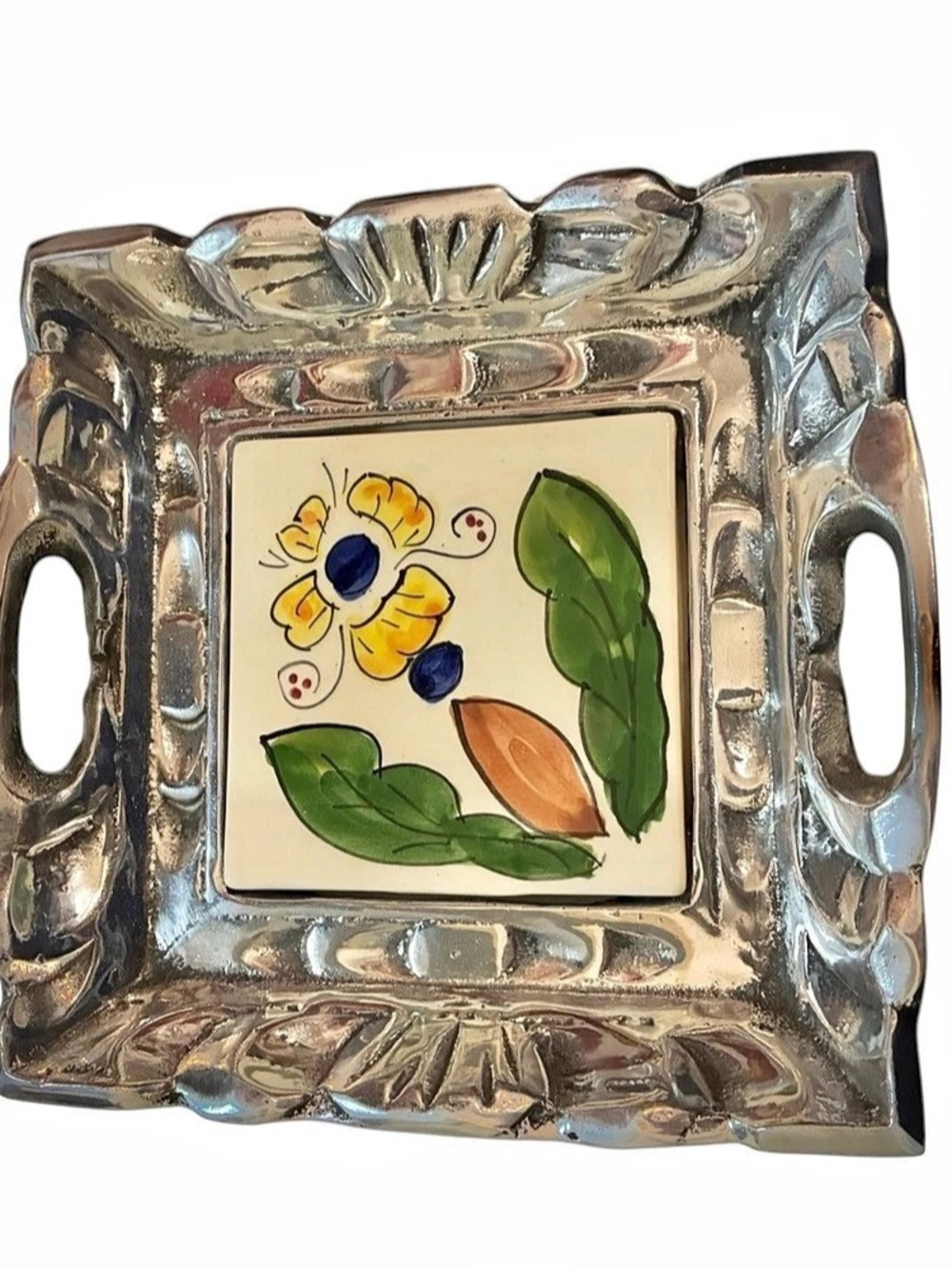 Hand Painted Chilean Ceramic Tile cast aluminum Serving Tray Casserole 8” square